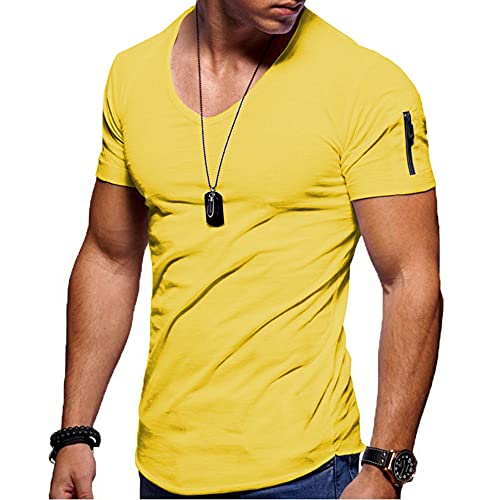 Jungerhouse Herren Sommer T-Shirt Basic V-Ausschnitt Kurzarm Casual Einfarbig Tops Slim Fit (M,Gelb) von Jungerhouse