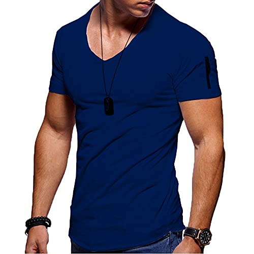Jungerhouse Herren Sommer T-Shirt Basic V-Ausschnitt Kurzarm Casual Einfarbig Tops Slim Fit (XL,Tiefes Blau) von Jungerhouse