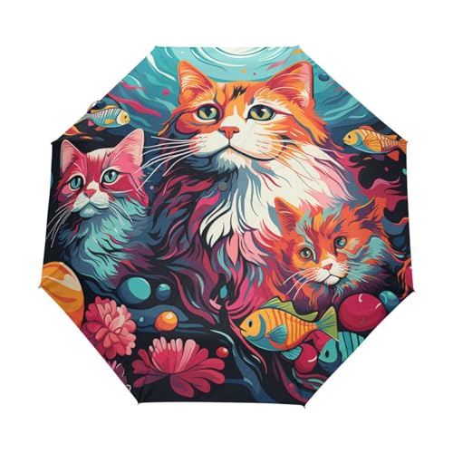 Bunte Katzen-Aquarellkunst Regenschirm Automatik Auf-Zu Taschenschirm Umbrella Kompakt Schirme für Jungen Mädchen Strand Frauen von KAAVIYO
