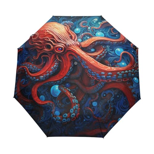 Dunkelblauer Roter Oktopus Regenschirm Automatik Auf-Zu Taschenschirm Umbrella Kompakt Schirme für Jungen Mädchen Strand Frauen von KAAVIYO