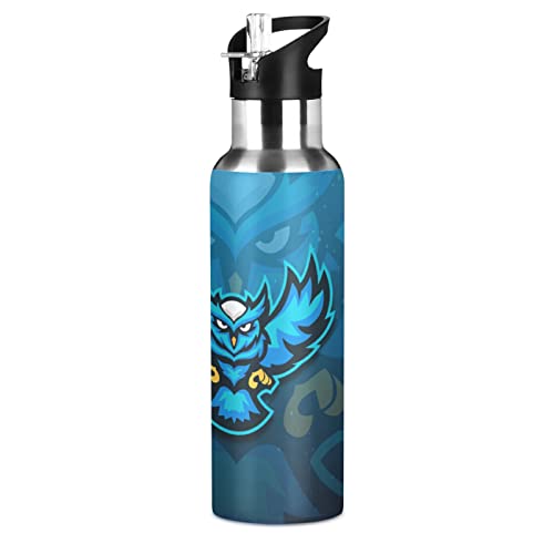 KAAVIYO Blaue Eule Vogelkönigin Trinkflasche Wasserflasche mit Strohhalm 600ML Edelstahl Auslaufsicher Wasserkanne Water Bottle von KAAVIYO
