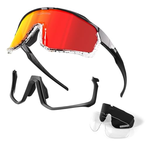 KAPVOE Polarisiert Fahrradbrille mit 3 Wechselgläser für Herren Damen Sport Radfahren MTB TR90 Rahmen Sportsonnenbrille Rot Schwarz 12 von KAPVOE