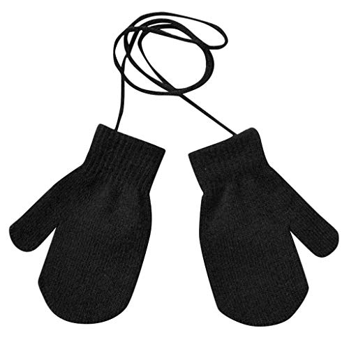 KAREN66 Winter Warme Fäustlinge Baby Kleinkind Gestrickte Handschuhe Einfarbig Strickhandschuhe mit Schnur für 1 2 3 4 Jahre Jungen Mädchen (Schwarz) von KAREN66