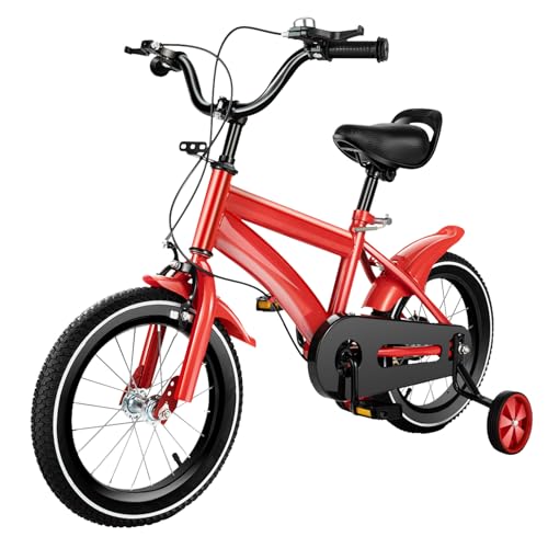 KAUITOPU 14 Zoll Fahrrad, Jungen Mädchen Kinderfahrrad für ab 3-6 Jahre, Ausbildungsfahrzeuge mit Stützräder Höhe Einstellen Kinder Fahrrad (Rot) von KAUITOPU
