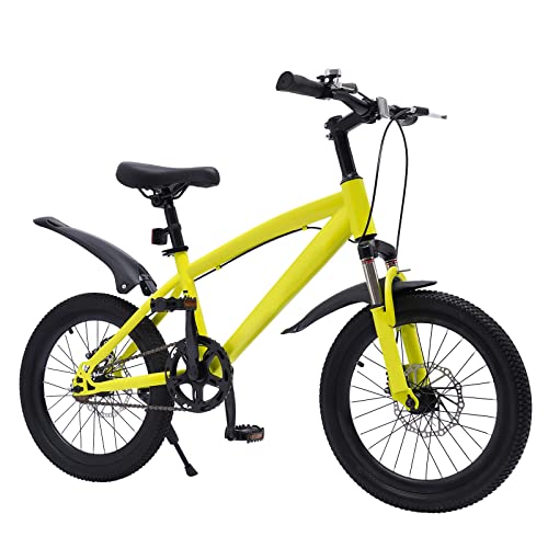 KAUITOPU 18 Zoll Kinderfahrrad, Jungen Mädchen Mountainbike mit Reifenpumpe Elektrische Taschenlampe für Kinder mit Einer Höhe von 4.1-4.59ft (Gelb) von KAUITOPU