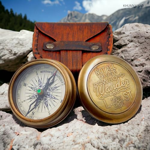 KHUMYAYAD Brass Navigation Compass Antique Marine Nautical Vintage Compass Fully Functional Compass with Leather Case. von KHUMYAYAD