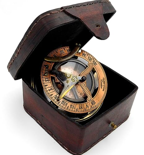 KHUMYAYAD Handgefertigter Sonnenuhr-Kompass aus Messing, voll funktionsfähig, mit Hülle aus reinem Leder von KHUMYAYAD