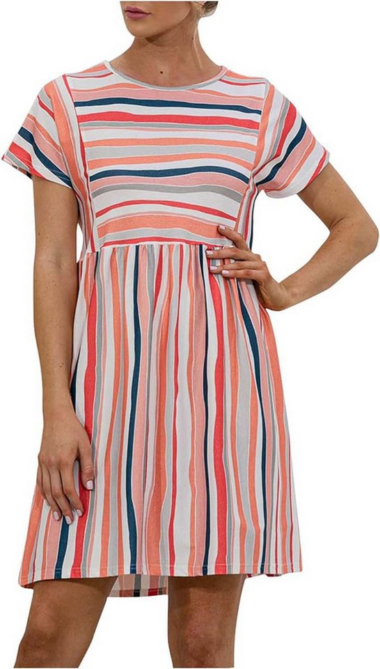 KIKI Blusenkleid Sommerkleid Damen Midi Kleid Rundhals Kurzarm Blusenkleid Streifen von KIKI