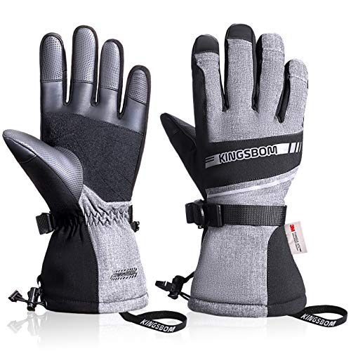 KINGSBOM Wasserdicht Ski- und Schnee-Handschuhe, 3M Thinsulate Winter Warm Touchscreen Snowboard Handschuhe für Herren & Damen - Grau(M) von KINGSBOM