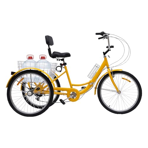 KLOOLIVE 24 Zoll Erwachsene Dreirad 7 Gang 3 Räd Klapprad Faltrad Tricycle Klappfahrrad mit LED Licht Einkaufskorb Wasserbecherhalter (Gelb) von KLOOLIVE