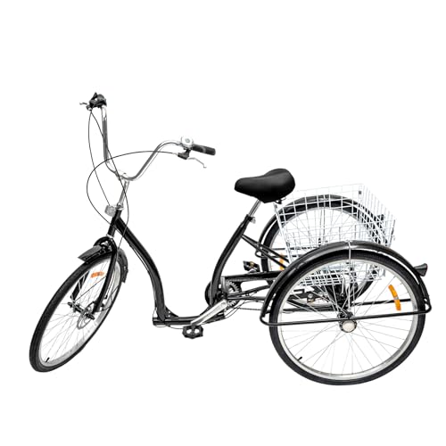 KOLHGNSE Dreirad Für Erwachsene, 26 Zoll 3-Rad-Dreirad Erwachsene 6 Gang-Fahrrad Höhe Einstellbar Trike Cruise mit Einkaufskorb für Unterhaltung, Einkaufen, Bewegung (Schwarz) von KOLHGNSE