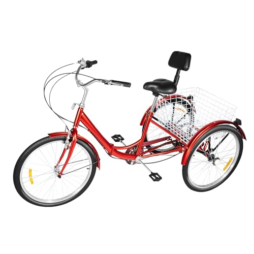 KOLHGNSE Dreirad Für Erwachsene 24 Zoll Faltbares Fahrrad 3 Räder Fahrrad 7-Gang Klappbar mit Einkaufskorb für Erwachsene, Senioren, Frauen (Rot) von KOLHGNSE