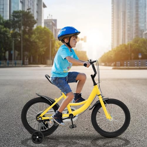 KOLHGNSE Kinderfahrrad 16 Zoll Kohlenstoffstahl Legierung Rahmen Fahrrad mit Hilfsrad als Geschenk für Mädchen &Jungen Gelb/Rosa/Grün (Gelb) von KOLHGNSE
