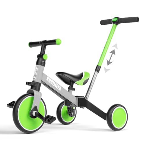 KORIMEFA 4 in 1 Laufräder Laufrad Kinderdreirad Dreirad Lauffahrrad Lauflernhilfe mit Schubstange für Kinder ab 1 Jahre bis 3 Jahren (Grün + Grau（mit Schubstange）) von KORIMEFA