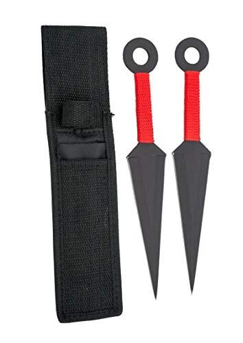 KOSxBO® 2er Naruto Wurfmesser Kunai 23,5 cm - Throwing Knife - schnelles Werfen Messer schwarz rot - Trainingsmesser - Gürtelmesser - Hunting Knife - Anime Naruto inklusive Holster aus Nylon von KOSxBO