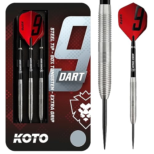 KOTO 9-Dart 90% Tungsten Darts, 23 Gramm Steeltip Dartfeile aus 90% Wolfram, Profi Stahl Spitzen Dartset mit 3 Pfeile und 3 Shafts, Mit Dart Wallet von KOTO darts
