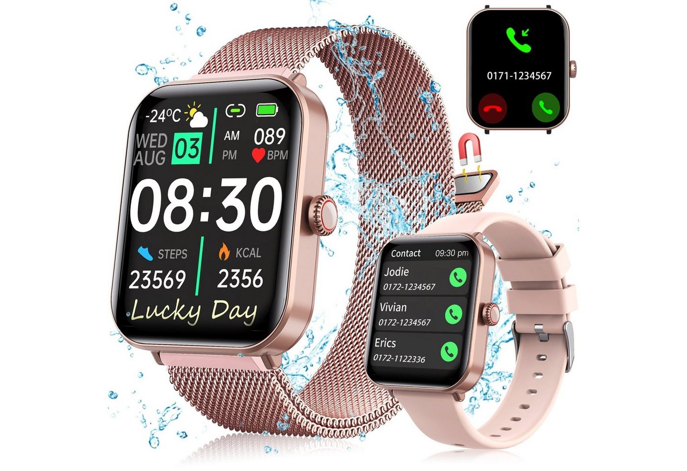 KUGI Smartwatch Damen Herren mit Telefonfunktion, 1.9 Zoll Smartwatch Touchscreen Fitnessuhr,IP67 Wasserdicht Smart Watch mit schrittzähler Pulsmesser Schlafmonitor, (Android 8 und höher)IOS(IOS13 oder höher)Zwei verschiedene Riemen" von KUGI