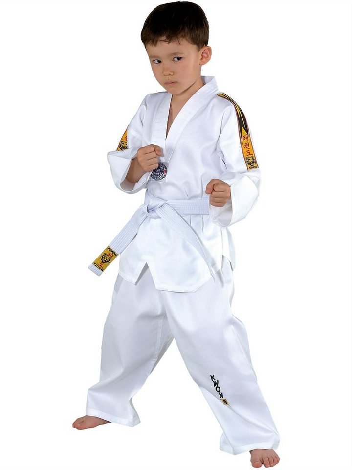 KWON Taekwondoanzug Tiger Taekwondo Anzug mit Gürtel Hose und Jacke Club Line Schulterstreifen (3-teilig, komplett), Kinder, Jugendlich, Erwachsene, Größen: 90 - 180 cm, weiß von KWON