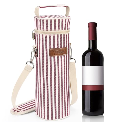 Kato Tirrnia Isoliert Wein Eisbeutel für 1 Flasche Wein, Tragbare Weintasche mit Riemen für Picknick Party BYOB Restaurant Weinprobe, Burgunder Streifen, 11 × 34cm von Kato Tirrinia