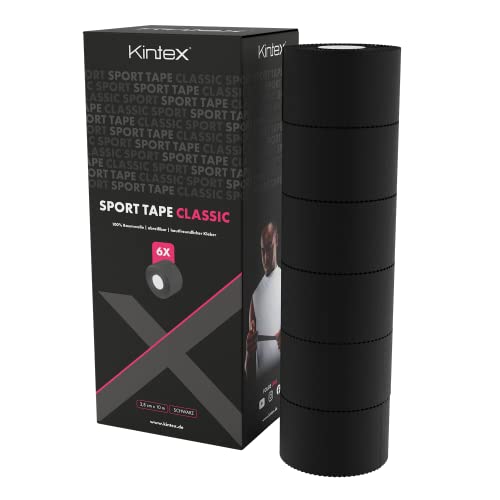 Kintex 6 Rollen Sporttape, 3,8 cm x 10 m, unelastisch, starres Tape, zur Fixierung und Stabilisierung von Gelenken, Fingertape, Tapeverband, hautfreundlich, reißbar (Schwarz) von Kintex