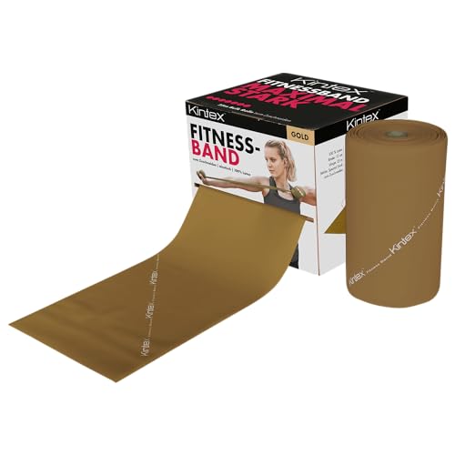 Kintex Fitnessband Rolle, 25 m x 15 cm, Gymnastikband in 5 Stärken, 100% Latex, Trainingsband zum selbst zuschneiden, Widerstandsband (Gold) von Kintex