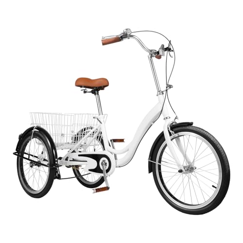 KumuJ Dreirad für Erwachsene 20 Zoll, 3 Rad Fahrrad mit Einkaufskorb Tricycle für Erwachsene und Senioren,Schaltung Dreirad für Erholung, Einkaufen, Picknicks, Reisen (weiß) von KumuJ
