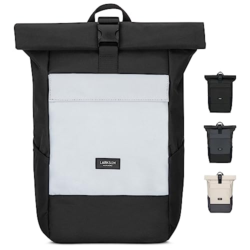 Larkson Rucksack Damen Herren Schwarz Reflektierend - No 4 - Rolltop Backpack mit Laptopfach für Uni, Arbeit & Fahrrad - Großer Reiserucksack - Wasserabweisend von LARKSON