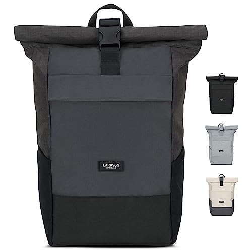 LARKSON Rucksack Herren & Damen Schwarz Grau - No 4 - Rolltop Backpack mit Laptopfach für Uni, Arbeit & Fahrrad - Großer Reiserucksack - Wasserabweisend von LARKSON