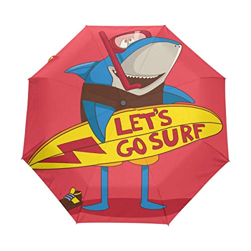 Surfen Cartoon Hai Regenschirm Taschenschirm Auf-Zu Automatik Schirme Winddicht Leicht Kompakt UV-Schutz Reise Schirm für Jungen Mädchen Strand Frauen von LDIYEU