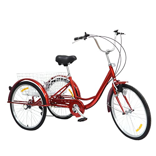 LENJKYYO 24 Zoll 3 Rad Dreirad für Erwachsene mit 6 Gang Schaltung Dreirad Lichtern Zoll Cruiser Fahrrad Einkaufs Lastenfahrrad Licht Korb (Rot) von LENJKYYO