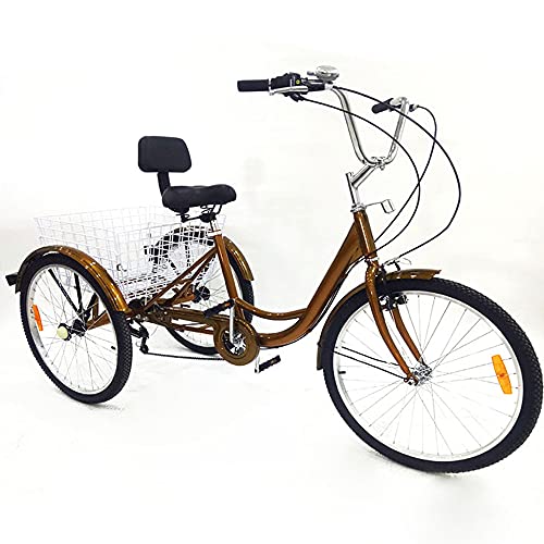LENJKYYO 24 Zoll Dreirad für Erwachsene 3-Rad Erwachsene Dreirad mit Einkaufskorb Outdoor Tricycle 6 Gang Erwachsene Dreirad Outdoor Senioren Dreirad Gold von LENJKYYO