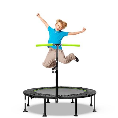 LIFEZEAL Mini Trampolin Ø 117 cm, Kindertrampolin mit höhenverstellbarem Handlauf, Jumping Trampolin Faltbar für Training, Fitnesstrampolin für Kinder & Erwachsene, Max. 100 kg (Grün) von LIFEZEAL