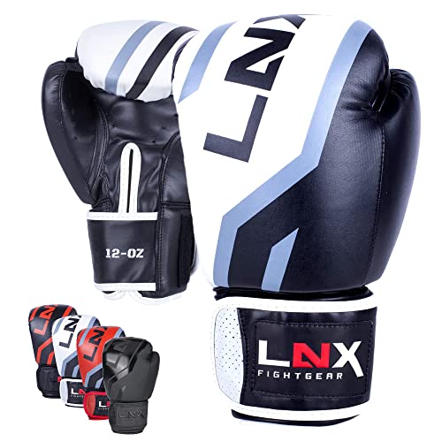 LNX Boxhandschuhe Level 5" - 8 10 12 14 16 Oz - perfekt für Kickboxen Boxen Muay Thai K1 MMA Kampfsport UVM Black/White (003) 12 Oz von LNX