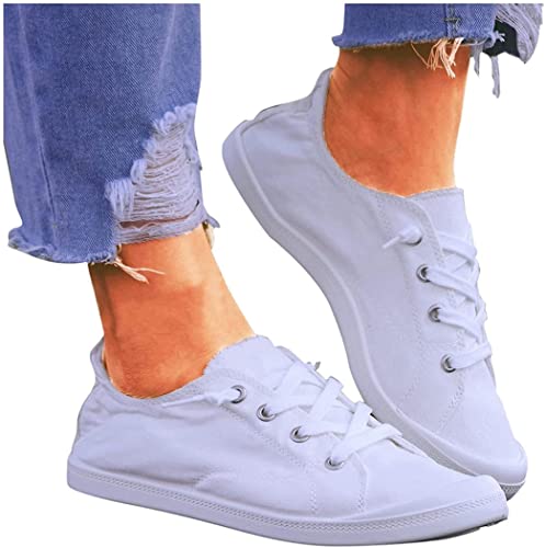 LONG-M Damenschuhe Lässige Leichte Flache Schuhe Atmungsaktive Stoffschuhe Elegante Schnürschuhe Laufschuhe,Weiß,39 von LONG-M