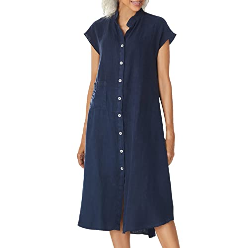 Damen Baumwolle Leinen Hemd Kleider Button Down, T Shirt Kleider mit Taschen für Frauen 2023 Casual Plus Size Kleid (blau, 3XL) von LTHTX