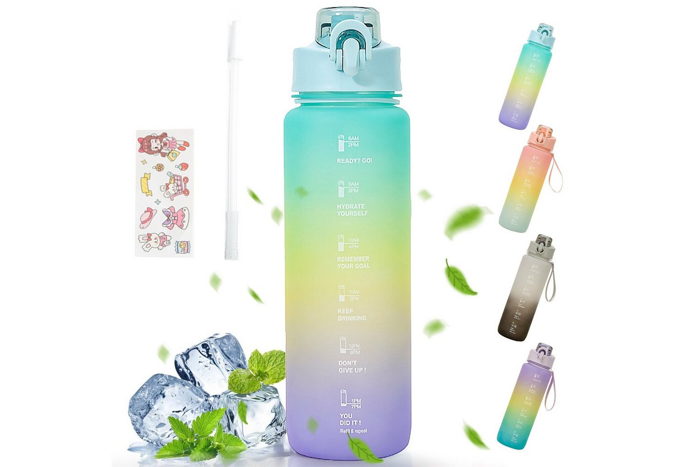 LeiGo Trinkflasche 1000ML Trinkflasche, Wasserflasche, Auslaufsicher, Sportflasche, Wasserflasche mit Strohhalm und Trinkflasche mit Zeitstempel von LeiGo