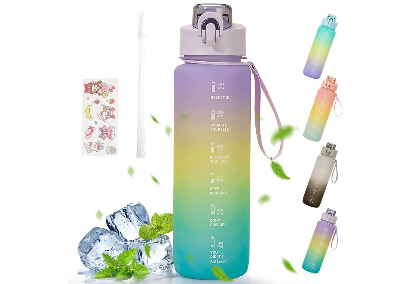 LeiGo Trinkflasche 1000ML Trinkflasche, Wasserflasche, Auslaufsicher, Sportflasche, Wasserflasche mit Strohhalm und Trinkflasche mit Zeitstempel von LeiGo