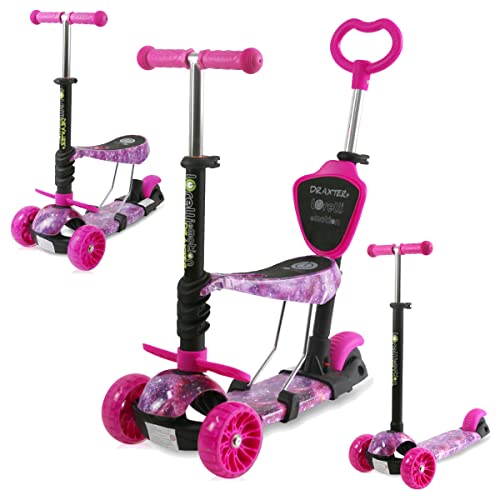 Lorelli Kinderroller Draxter Plus 3 in 1 Schiebestange, Sitz, Vorderräder LED, Farben:pink von Lorelli