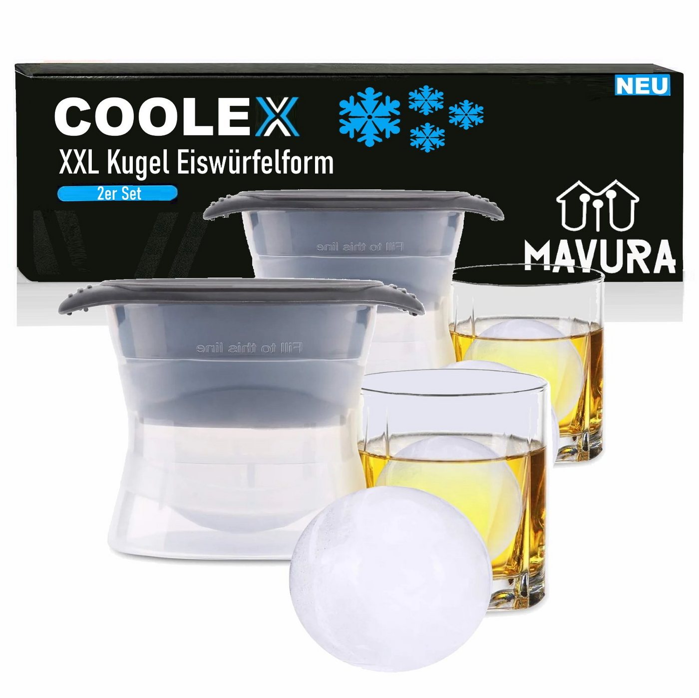 MAVURA Eiswürfelform COOLEX XXL Kugel Eiswürfelform Eiskugelform Eiskugeln, Whiskey Cocktail Ice Balls Eisbälle rund [2er Set] von MAVURA