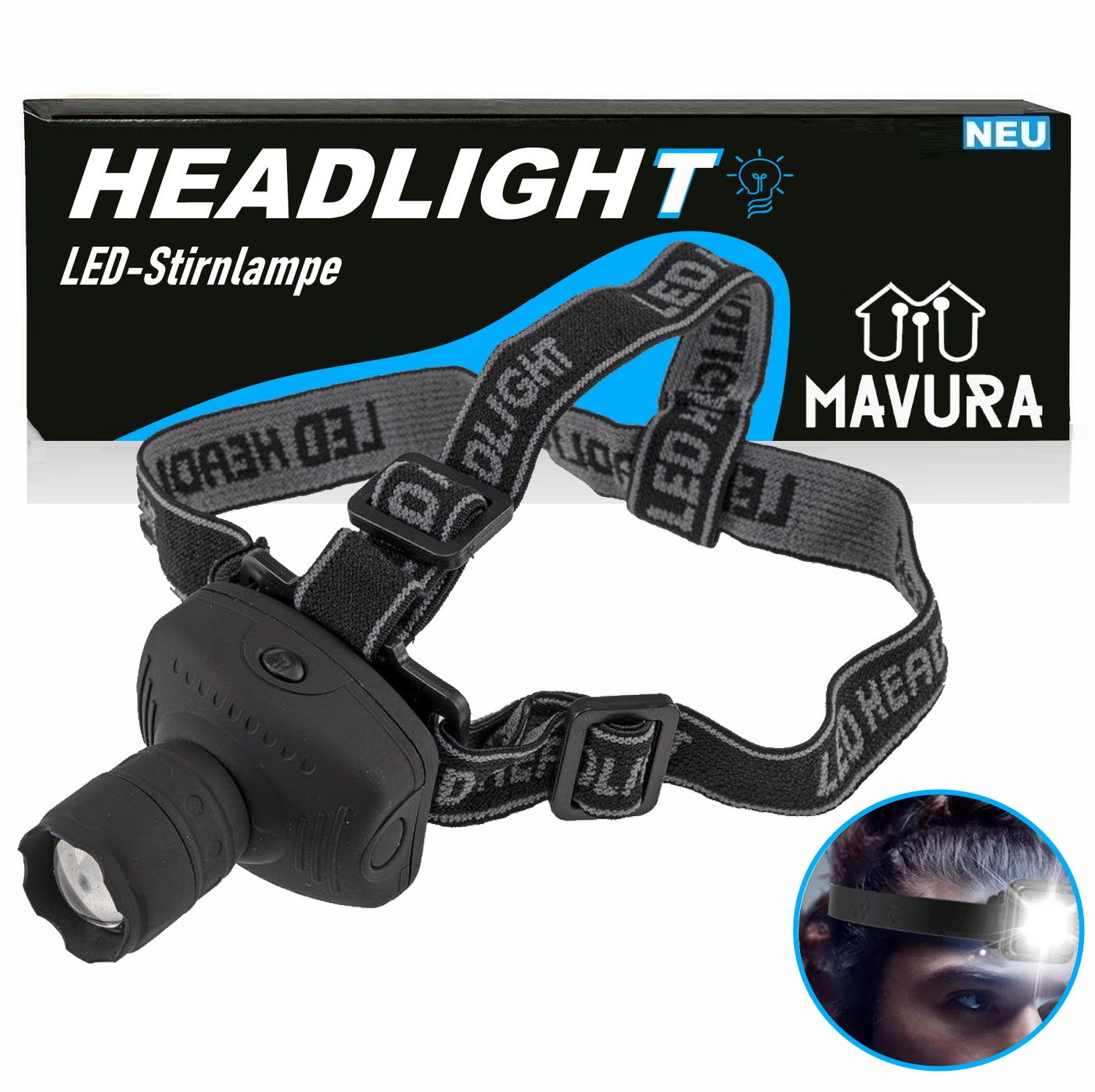 MAVURA Kopflampe HEADLIGHT LED Stirnlampe Kopfleuchte Kopf Lampe (Zoomfunktion & Blinkfunktion), Leuchte Kopflampen Stirnlampen Stirn Lampe Wasserdicht Batterie von MAVURA