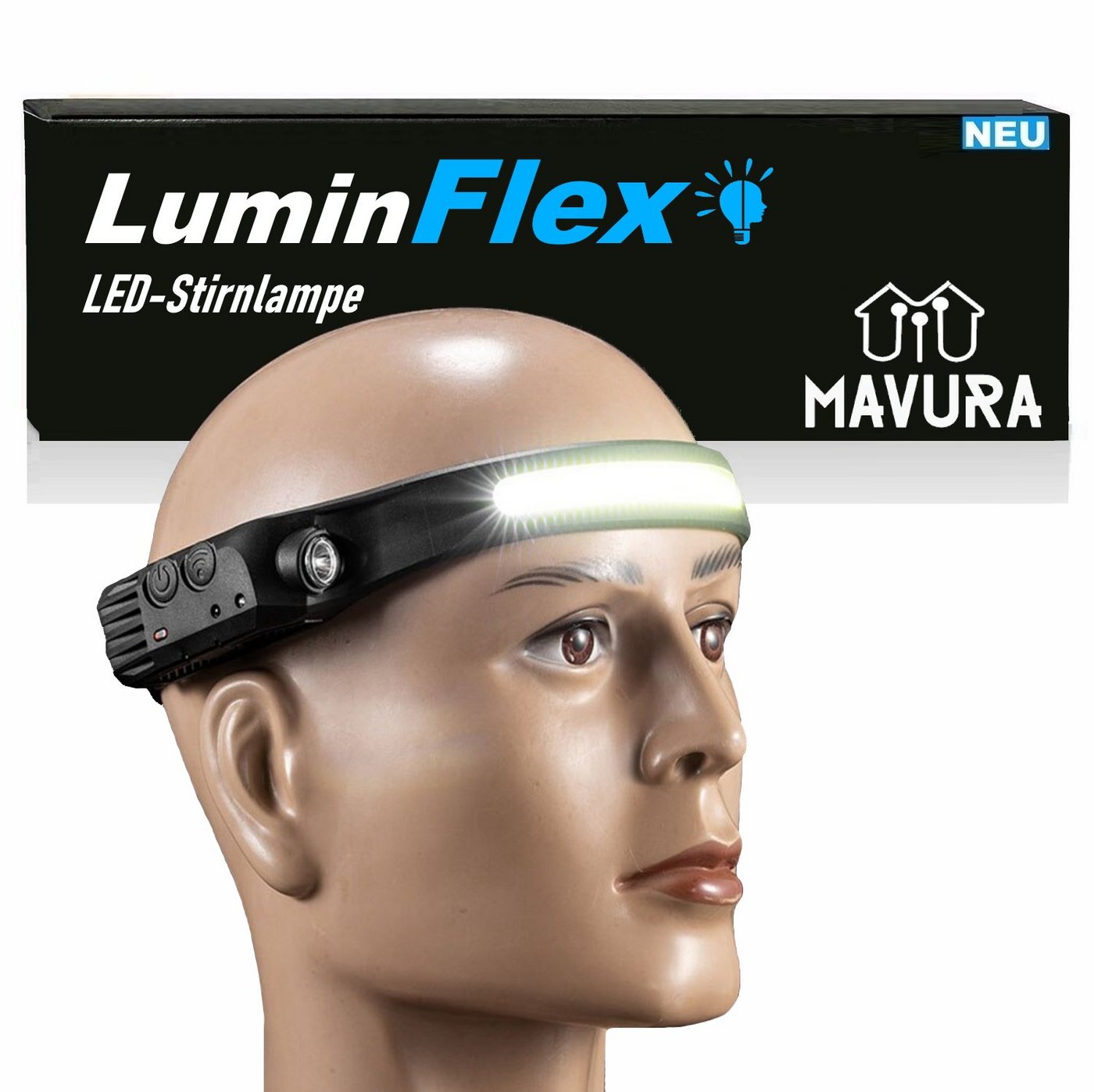 MAVURA LED Stirnlampe LuminFlex LED Kopflampe Stirnlampe Kopf Stirn Lampe Taschenlampe (Extrem Hell), wiederaufladbar COB 5 Modi 230° aufladbar wasserdicht von MAVURA