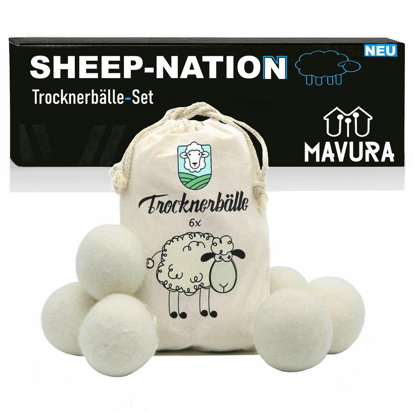 MAVURA Trocknerball SHEEP-NATION Trocknerbälle 6er Pack Weichspüler Alternative, Premium Schafwolle Wäschetrockner Bälle Wäschebälle von MAVURA
