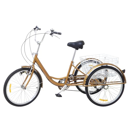 MIKIYUEER 24 Zoll Dreirad für Erwachsene 3 Rad 6 Gang Seniorenrad mit Korb - Stabile Struktur und Komfort - Höhenverstellbarer Lenker und Sitz - Erwachsene Senioren Tricycle (Gold) von MIKIYUEER