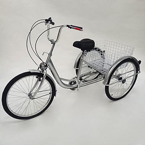 MIKIYUEER 24 Zoll Dreirad für Erwachsene 3 Rad 6 Gang Seniorenrad mit Korb - Stabile Struktur und Komfort - Höhenverstellbarer Lenker und Sitz - Erwachsene Senioren Tricycle (Silber) von MIKIYUEER