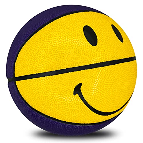 MINDCOLLISION Nr. 5 Und Nr. 7 Smiley-Basketbälle, Feuchtigkeitsabsorbierendes Und Verschleißfestes Weiches PU-Leder, Guter Griff, Geeignet Für Innen- Und Außen- Und Wettbewerb, Purple Yellow,No. 5 von MINDCOLLISION