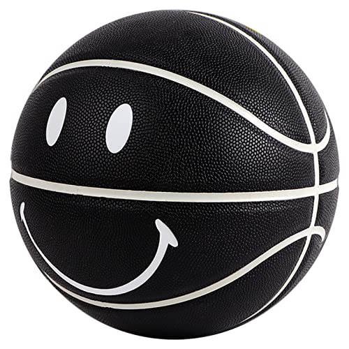 MINDCOLLISION Smiley Basketball, feuchtigkeitsabsorbierendes PU-Leder, weich, guter Griff, Indoor- und Outdoor-Training und Wettkampf, Heimdekoration, Nr. 5 und Nr. 7, schwarz, Größe 5 von MINDCOLLISION