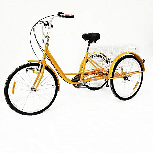 Dreirad Für Erwachsene Erwachsenen Dreirad Fahrrad Mit 3 Rädern Seniorenrad Lastenfahrrad 24" 6-Gang-Schaltung Shimano (Gelb mit Lichtern) von MINUS ONE
