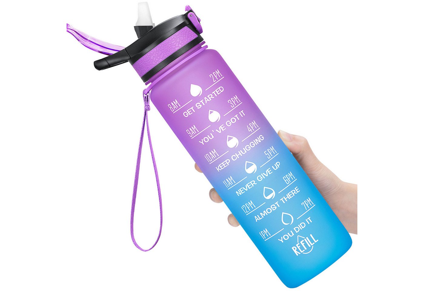 MODFU Trinkflasche Sport Wasserflasche Sportflasche Auslaufsicher 1 Liter BPA-Frei 1L, Zeitmarkierung und Strohhalm Fitness Outdoor Camping Fahrrad Wandern von MODFU