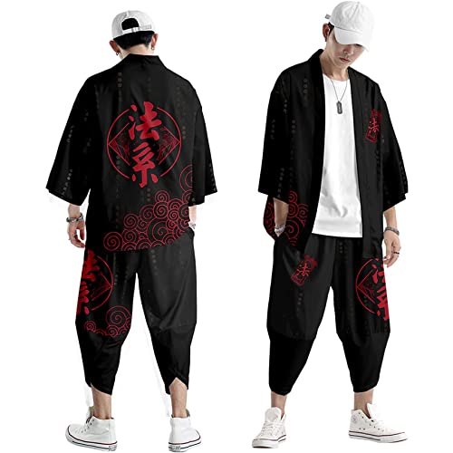 MYENA Traditionelles Kimono-Set, große Größe 4XL-6XL, japanischer Stil Kimono-Männer-Pyjamasanzug, Kleiderhemd Kimono-Strickjacke,Rot,6XL von MYENA