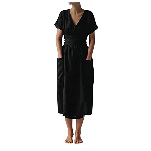 Damen Baumwoll Leinen Langes Kleid Lässig Einfarbig Kreuz V-Ausschnitt Kurzarm Kleid mit Taschen und Gürtel(M,Schwarz) von Masrin